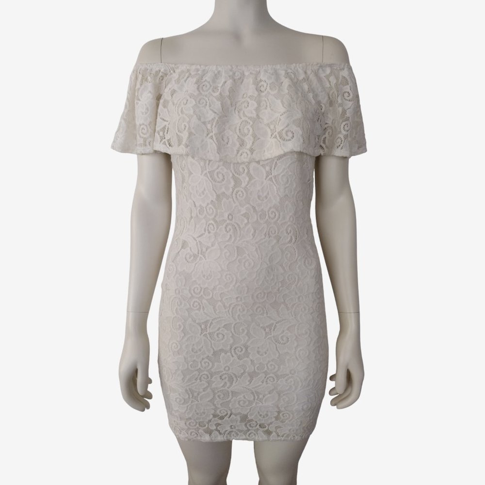 Vintage 1990s White Lace Off Shoulder Mini Bodycon Fitted Dress